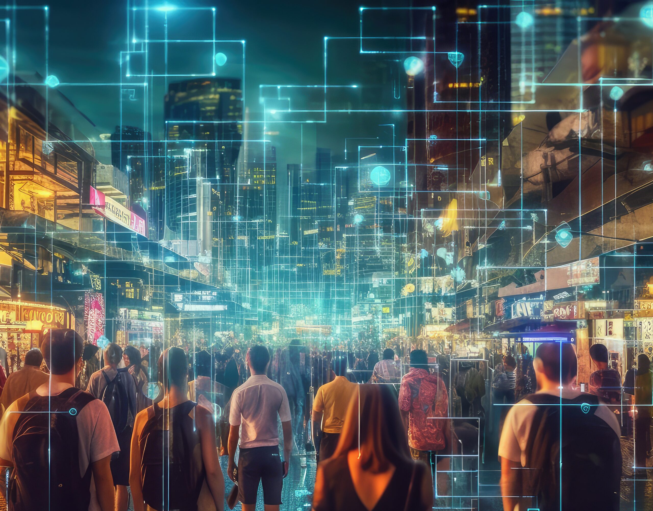 AI Facial Recognition scanning each person in crowd on the street, AI-generated