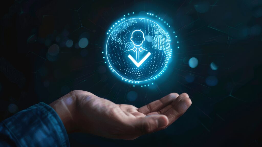 Concept of knowing your customer (KYC). Businessman holds identity verification symbol for increased financial security and access to personal financial data. Biometric security system.